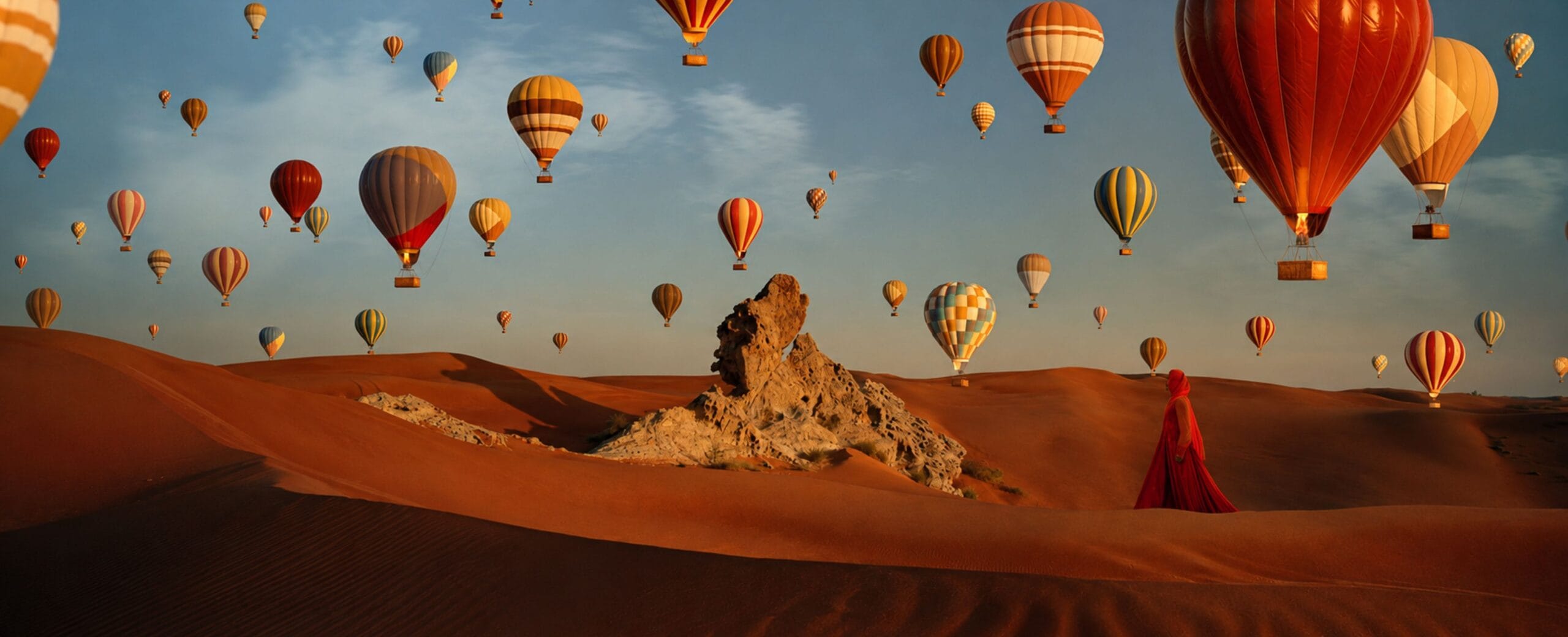 Hot air balloons over desert dunes with a rocky landscape