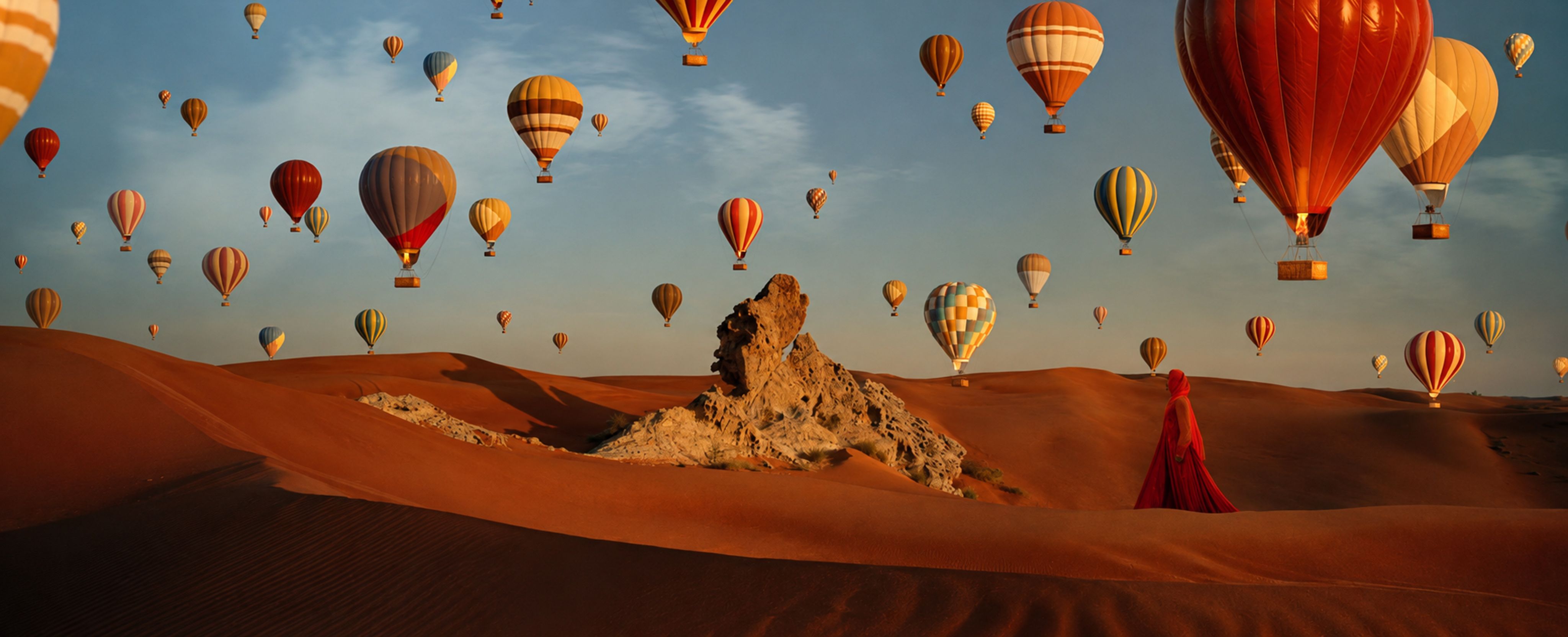 Hot air balloons over desert dunes with a rocky landscape