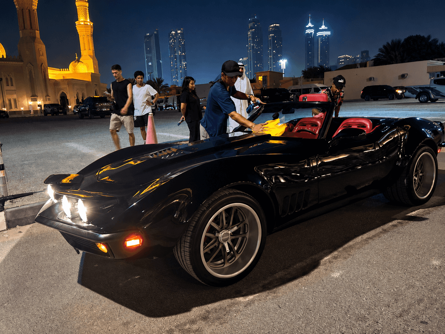 Classic convertible car on set during an Arista Properties night production