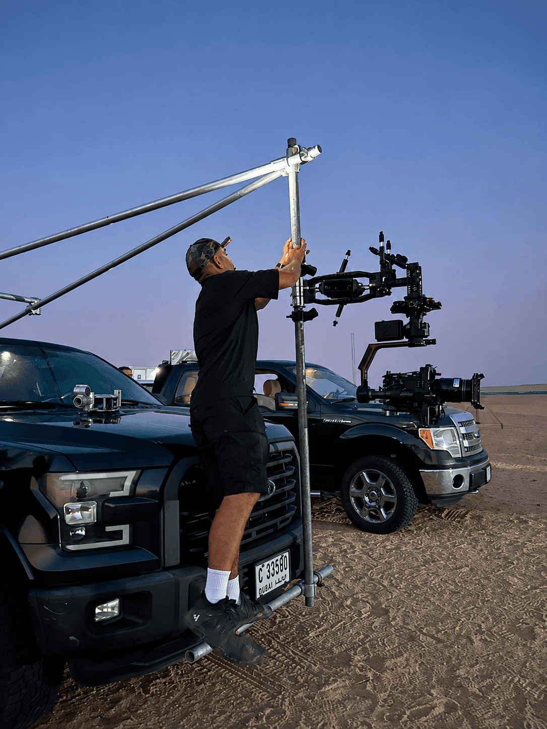 Behind-the-scenes camera rig setup for a Toosuns desert production