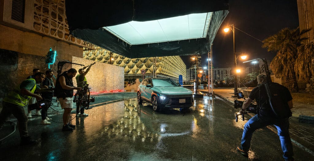 Behind the scenes of a Hyundai Tucson Gen Z campaign shoot at night in Riyadh, Saudi Arabia.