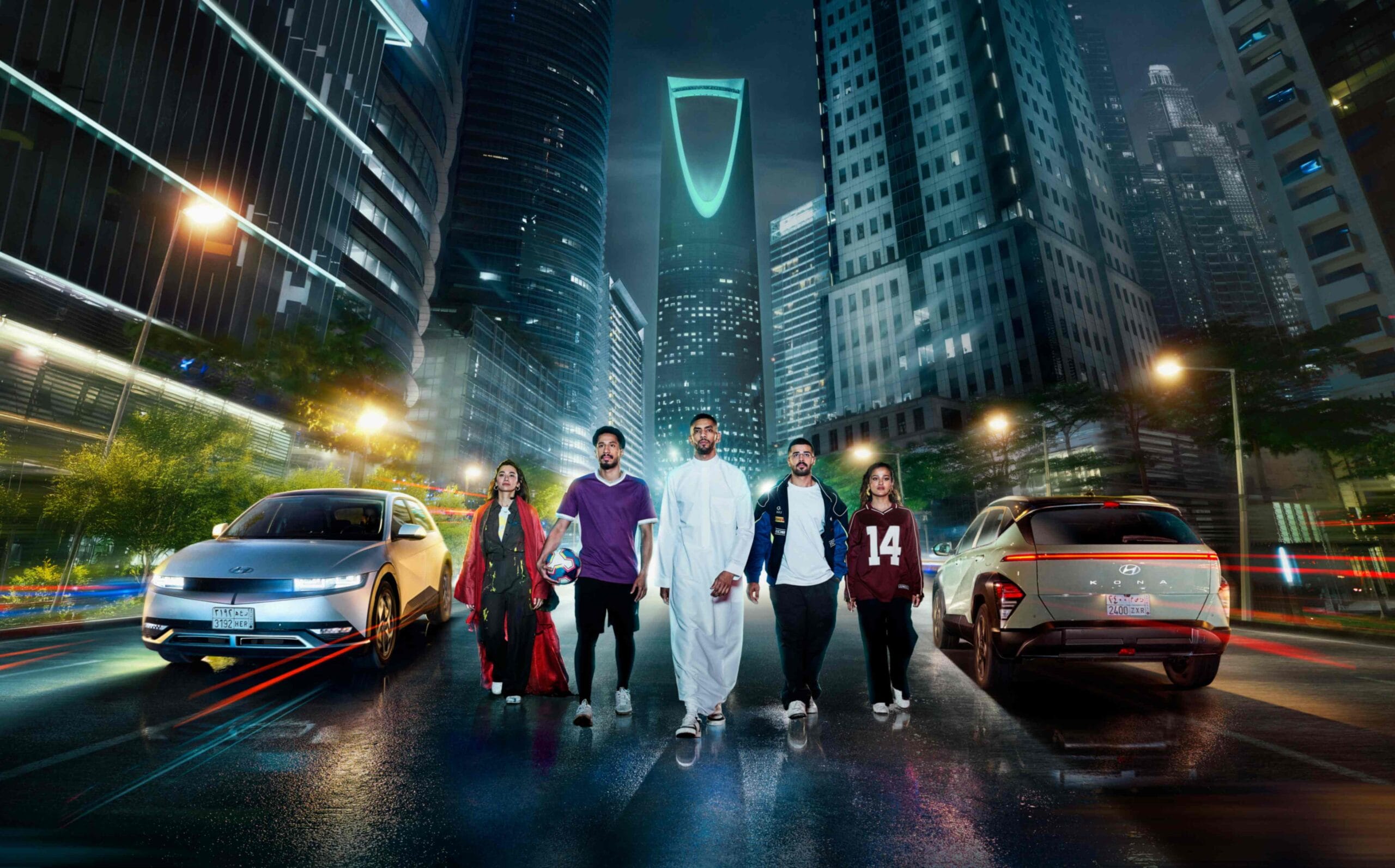 Hyundai IONIQ 5 and Tucson automotive campaign key visual photographed in Riyadh, Saudi Arabia