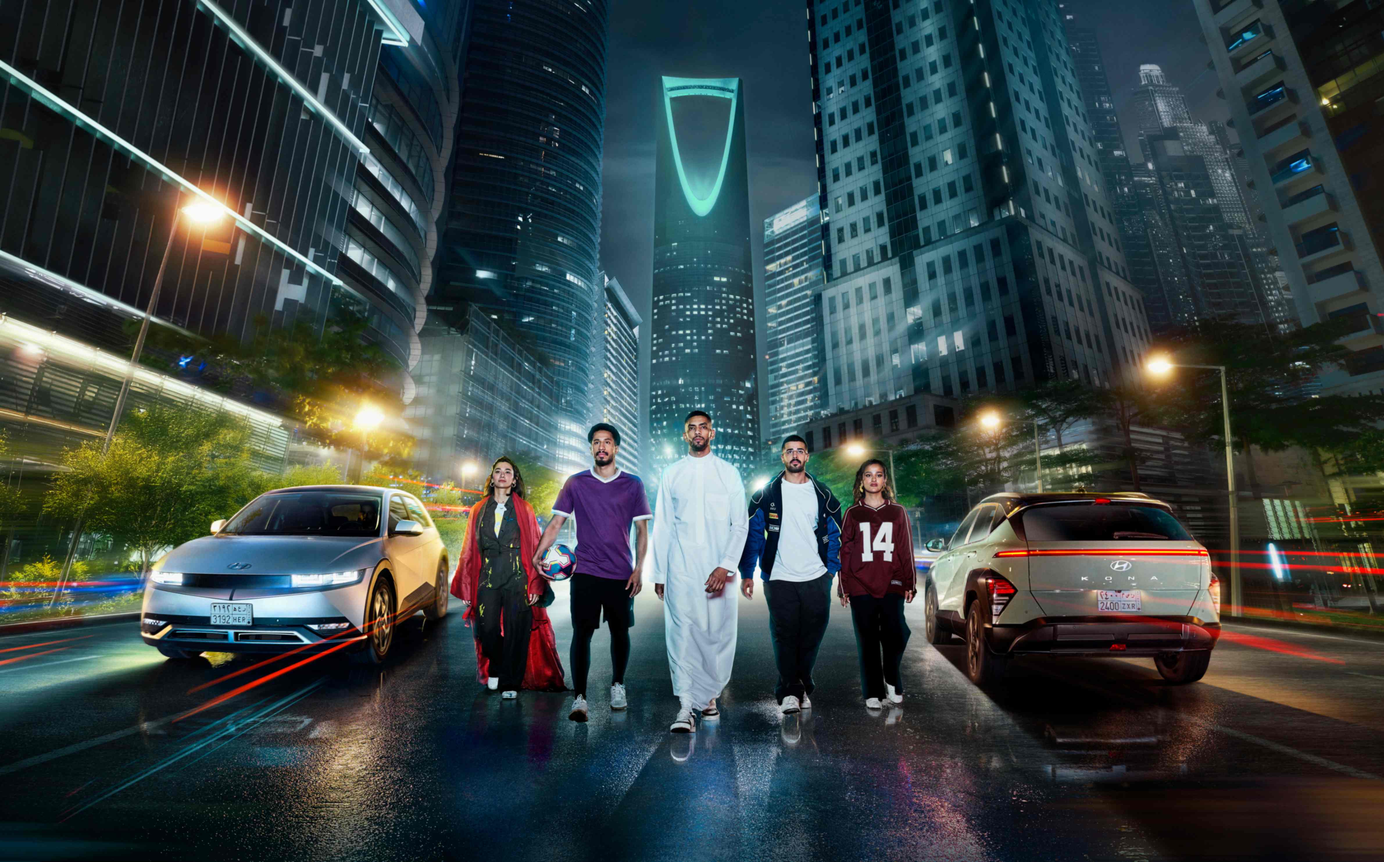 Hyundai IONIQ 5 and Tucson automotive campaign key visual photographed in Riyadh, Saudi Arabia
