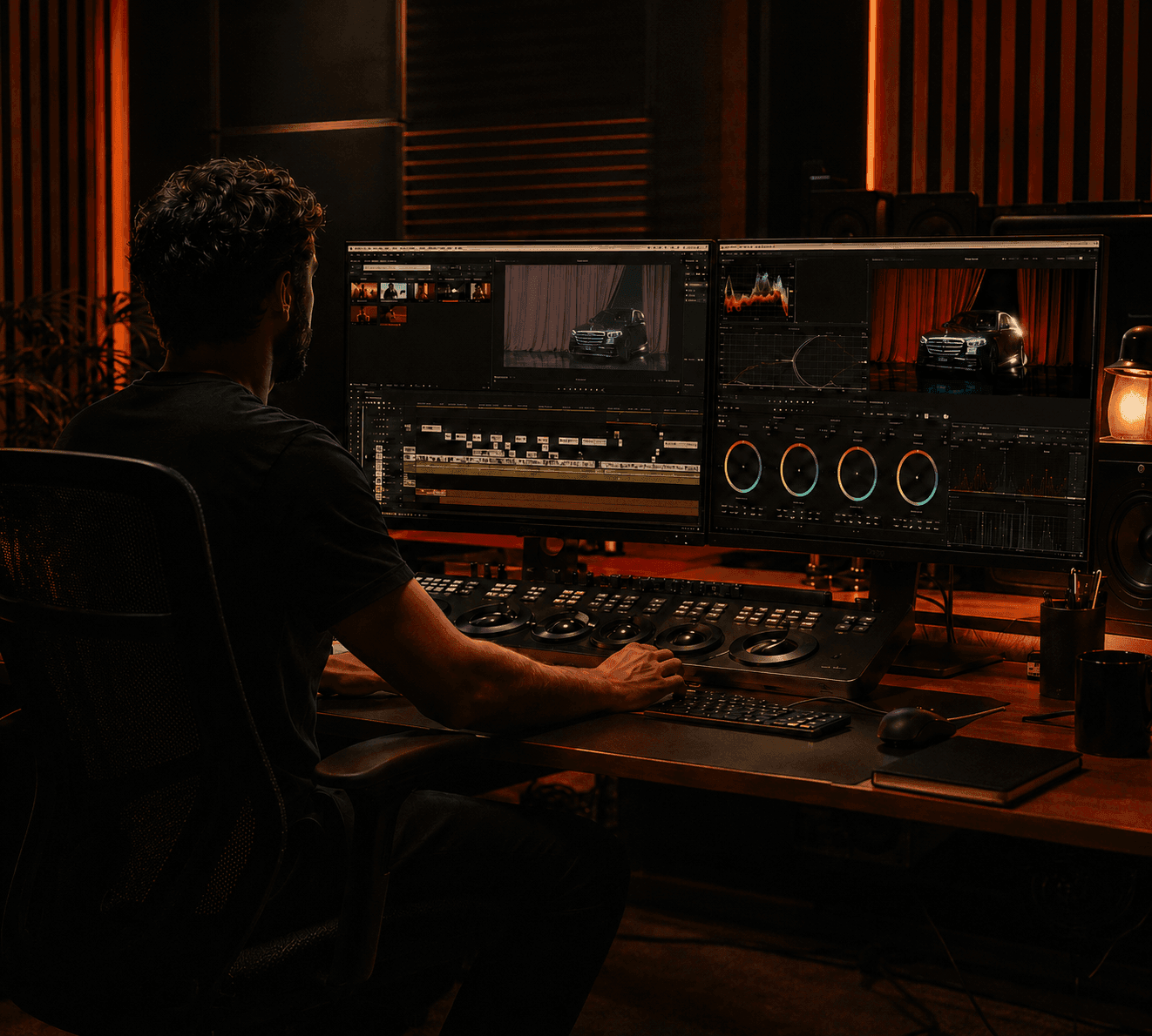 Toosuns post-production colourist grading an automotive campaign in a professional editing studio.