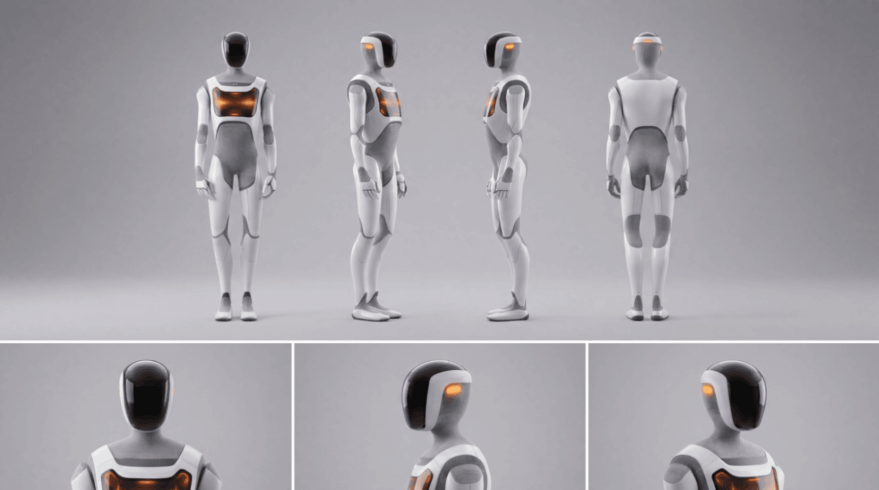 White humanoid robot character design shown from multiple angles