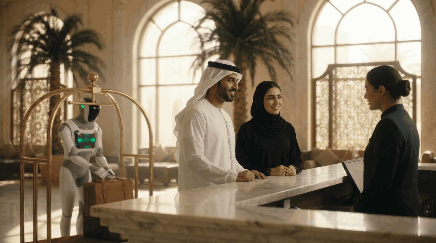 Humanoid robot assisting guests at a luxury Abu Dhabi hotel reception