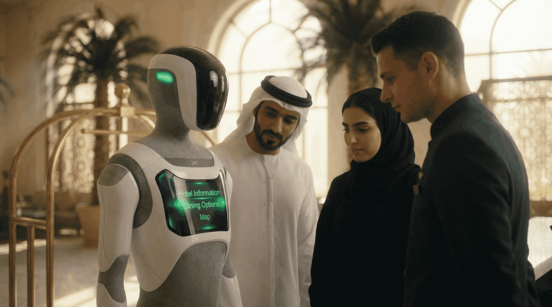 Humanoid AI robot hotel concierge with guests in Abu Dhabi