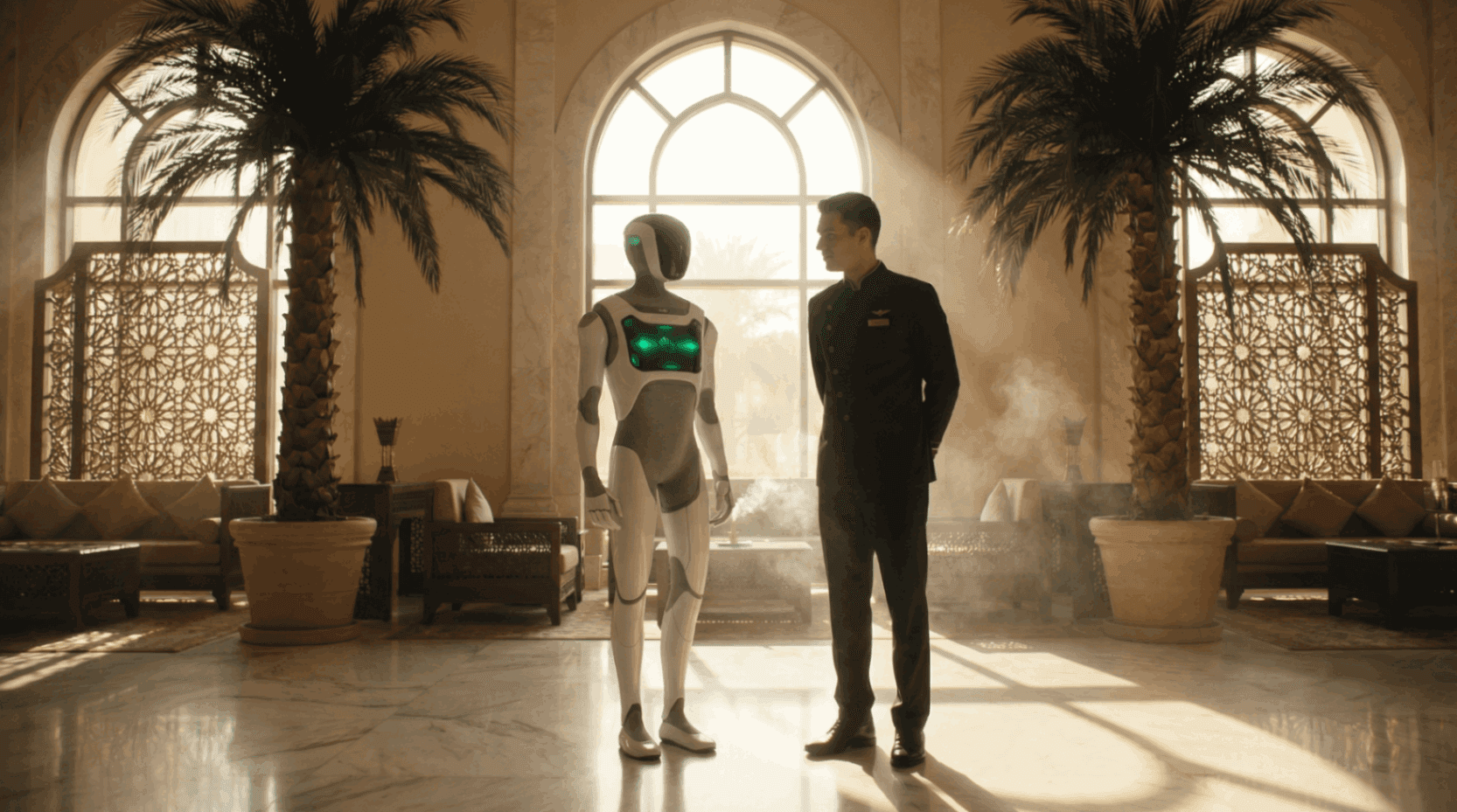 Humanoid AI robot and hotel staff member in a luxury Abu Dhabi hotel