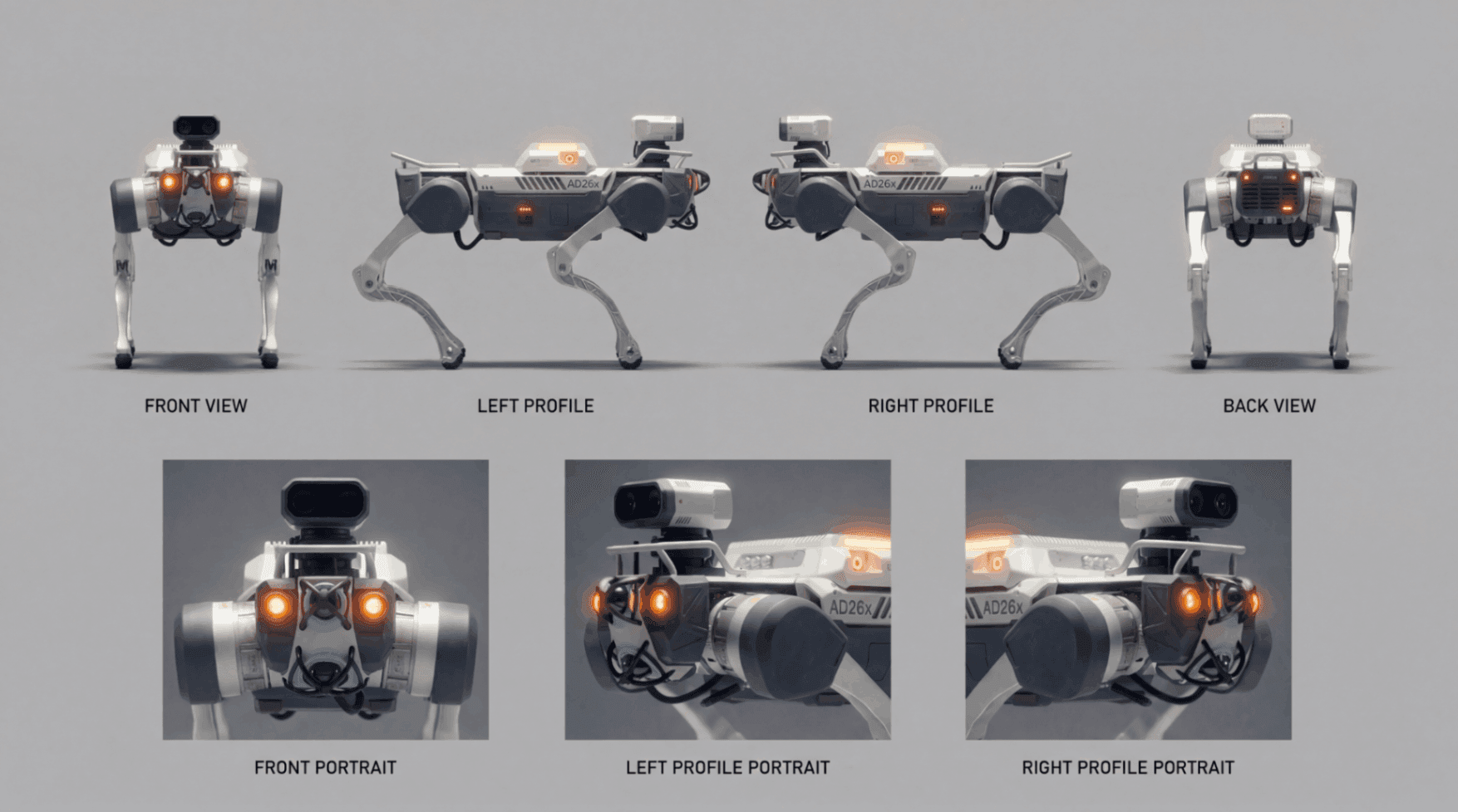 Quadruped AI robot design shown in front, side, and rear views