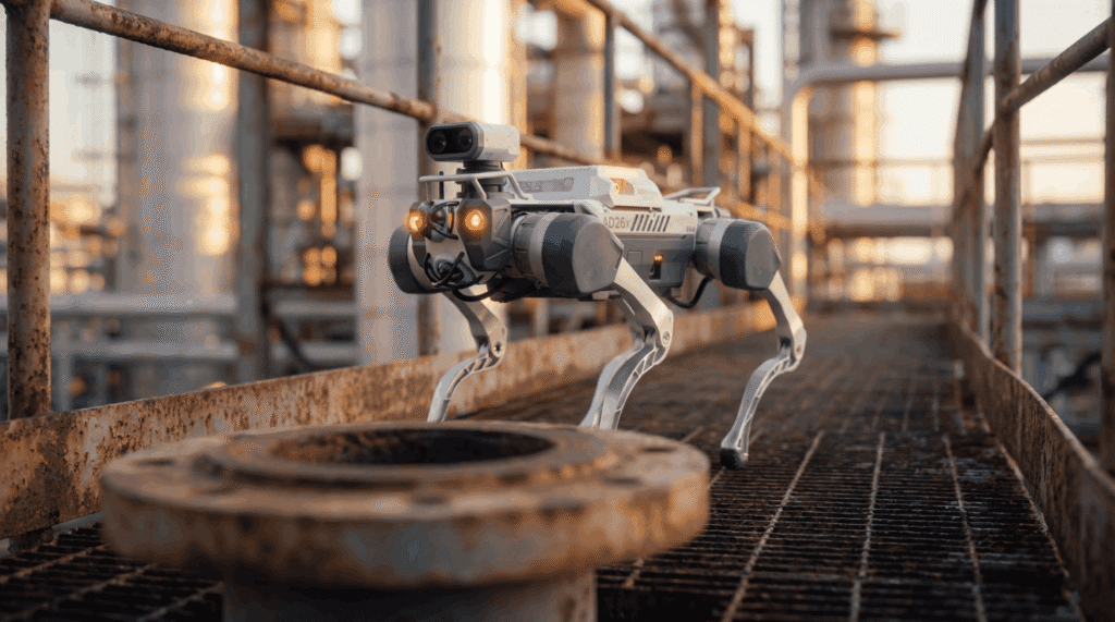Quadruped robot walking on an industrial catwalk in Abu Dhabi