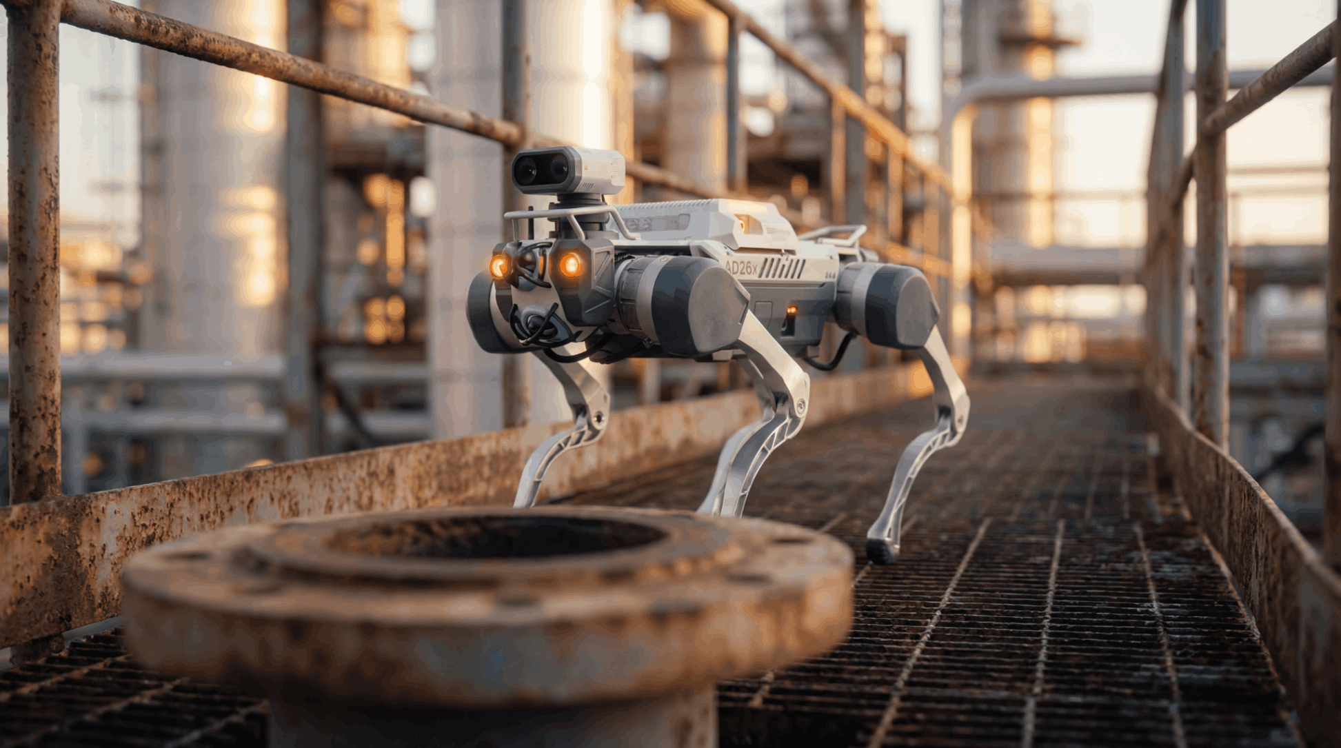 Quadruped robot walking on an industrial catwalk in Abu Dhabi