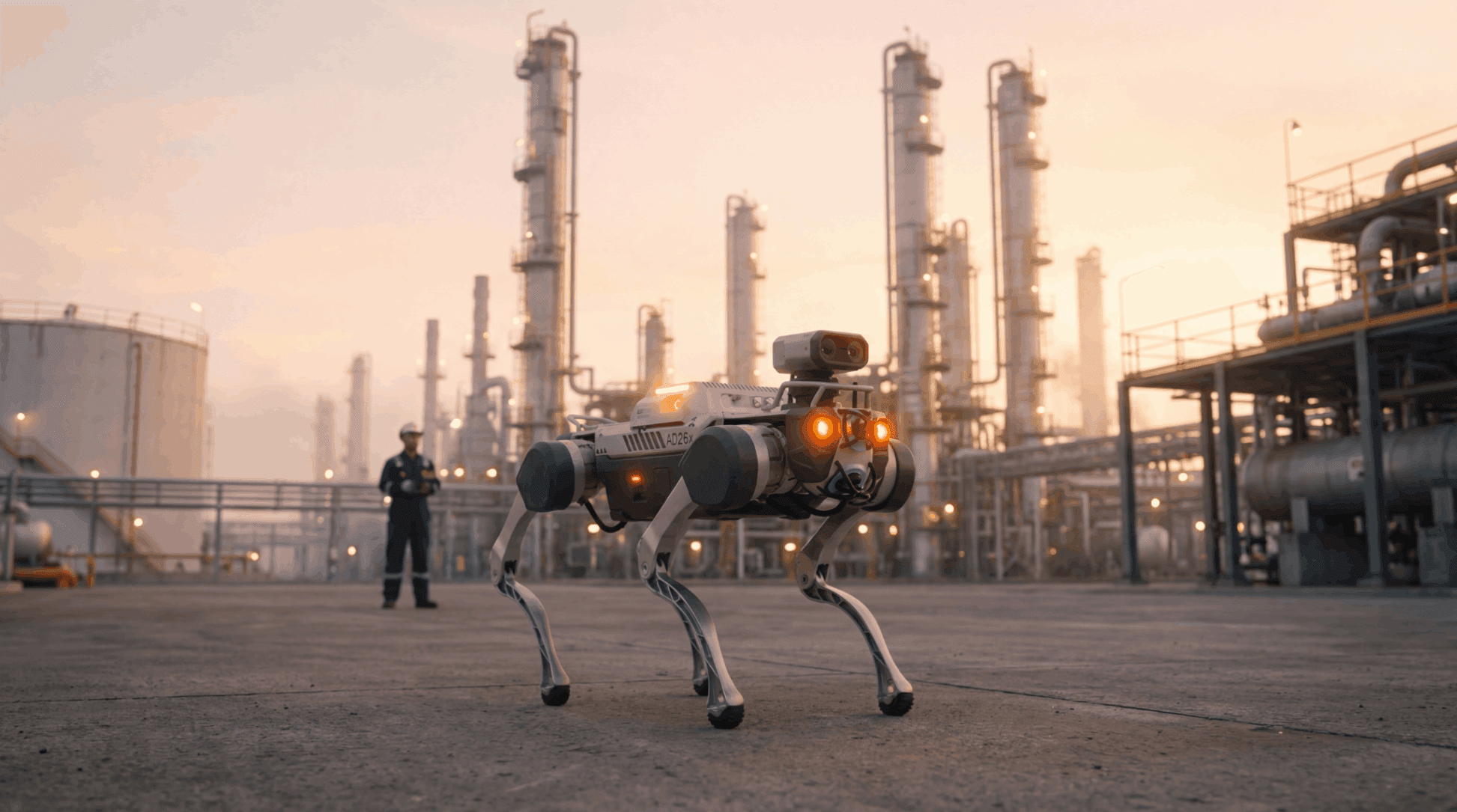 AI quadruped robot inspecting an industrial refinery
