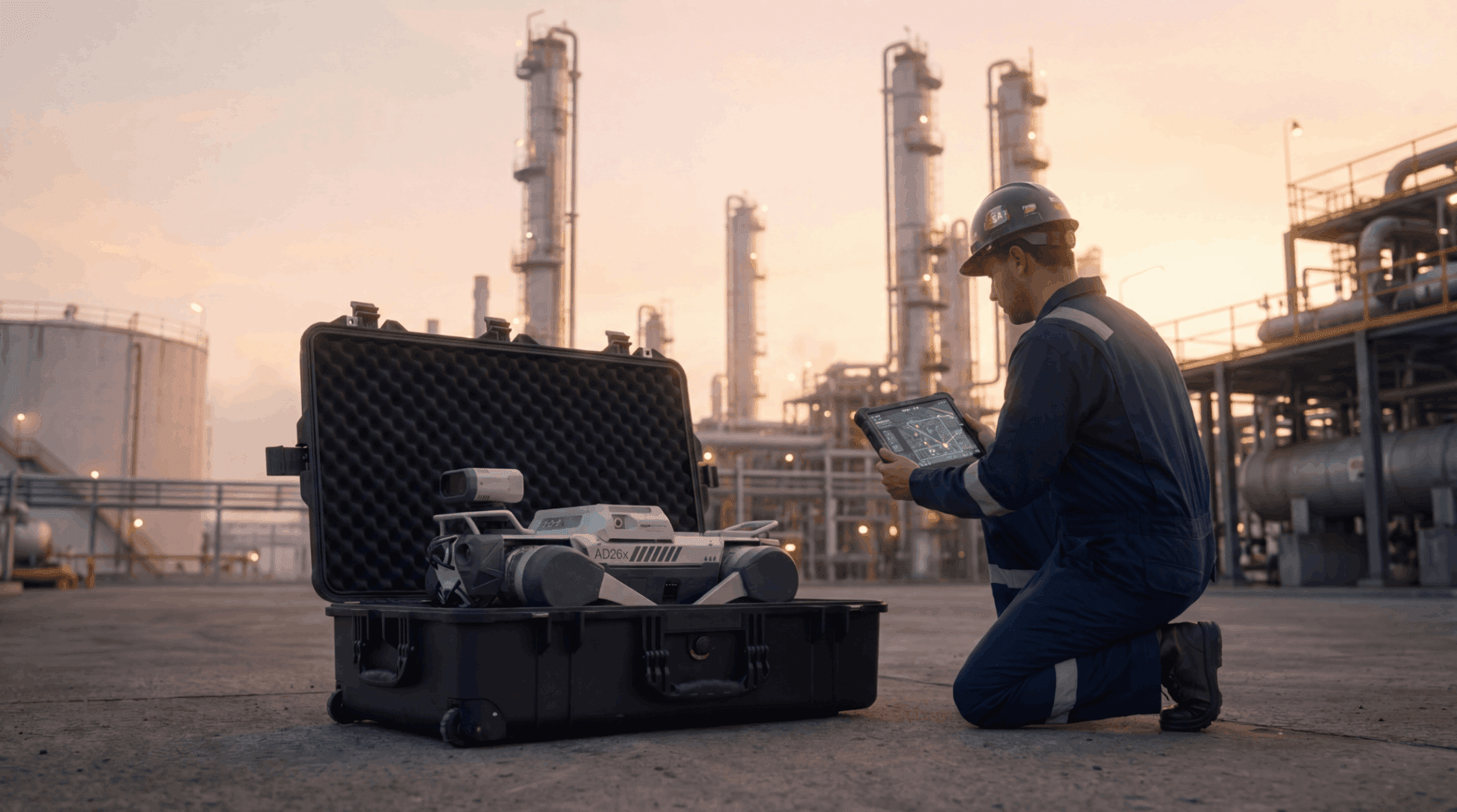 Industrial worker with quadruped AI robot at an Abu Dhabi refinery