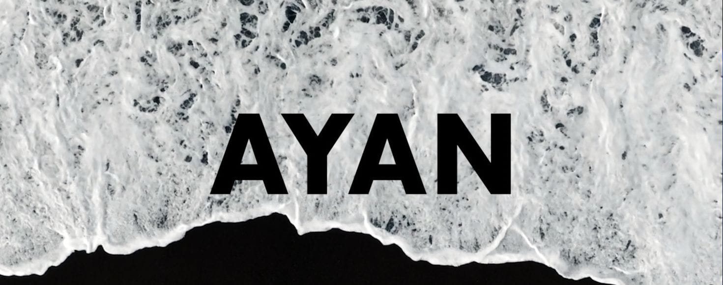 AYAN logo framed by a monochrome ocean wave from the Ayan Beauty launch campaign