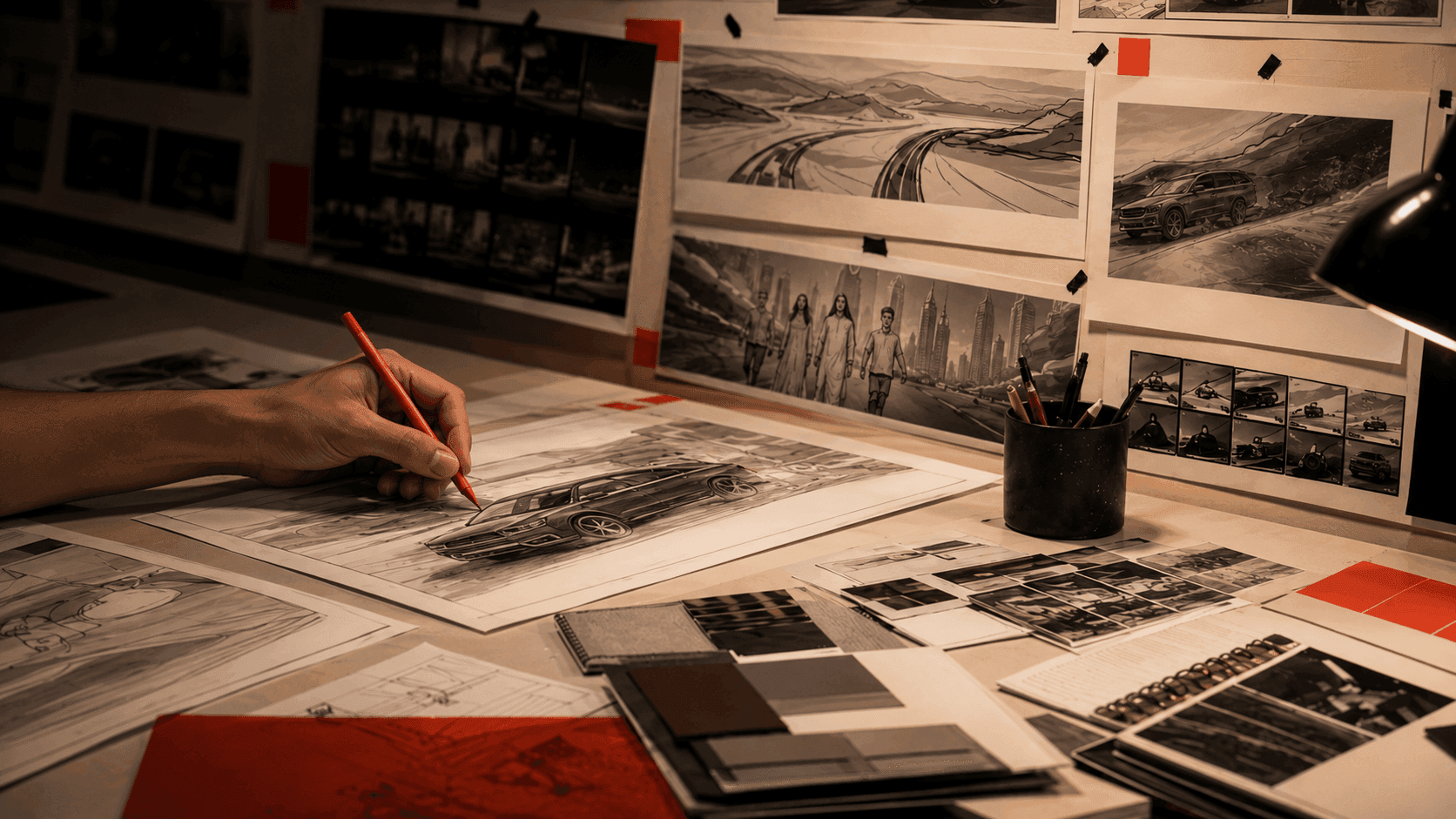 Creative development for a Hyundai campaign, with automotive storyboards and concept sketches.